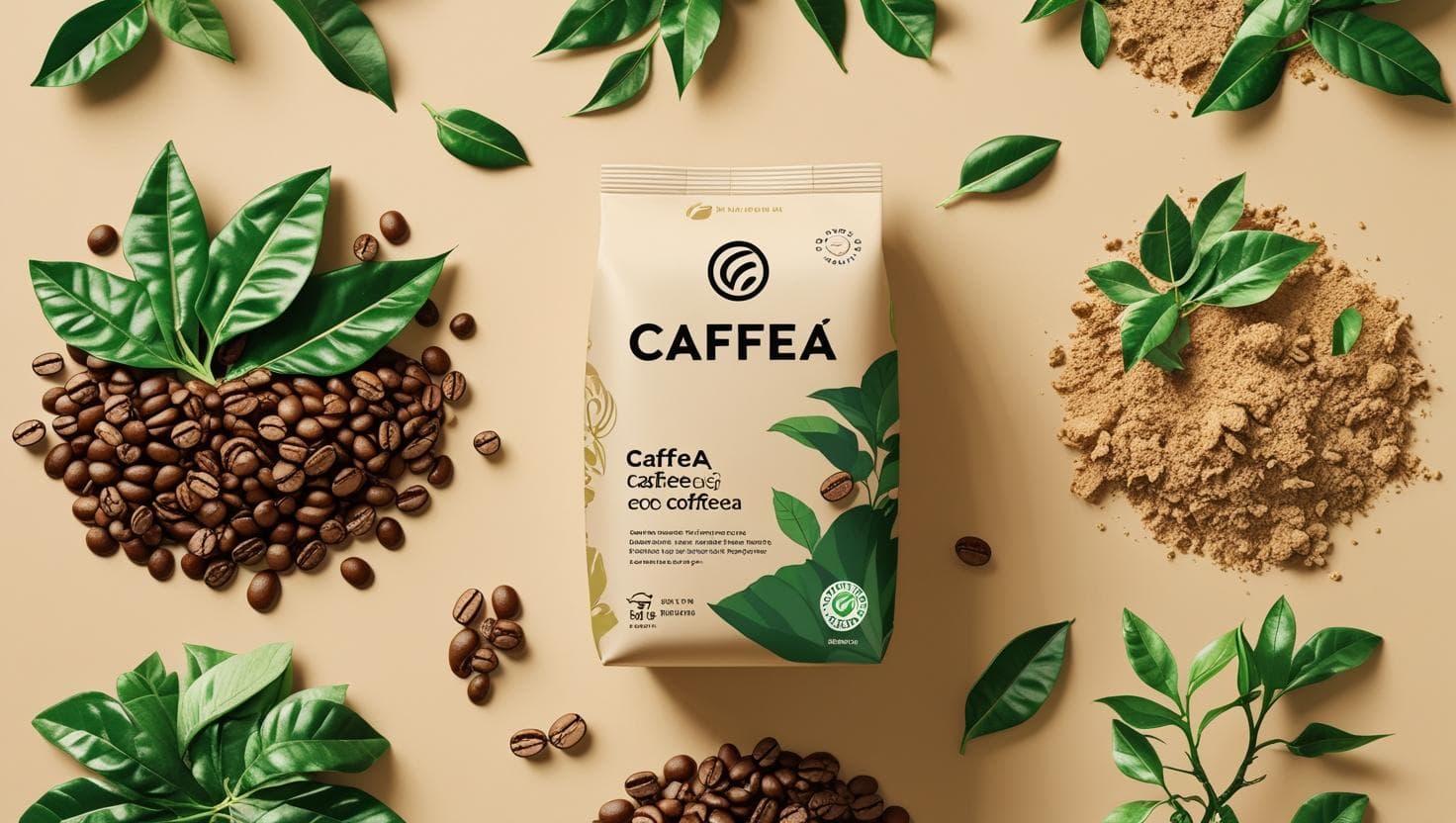 Coffee pack surrounded by fresh coffee leaves and roasted beans