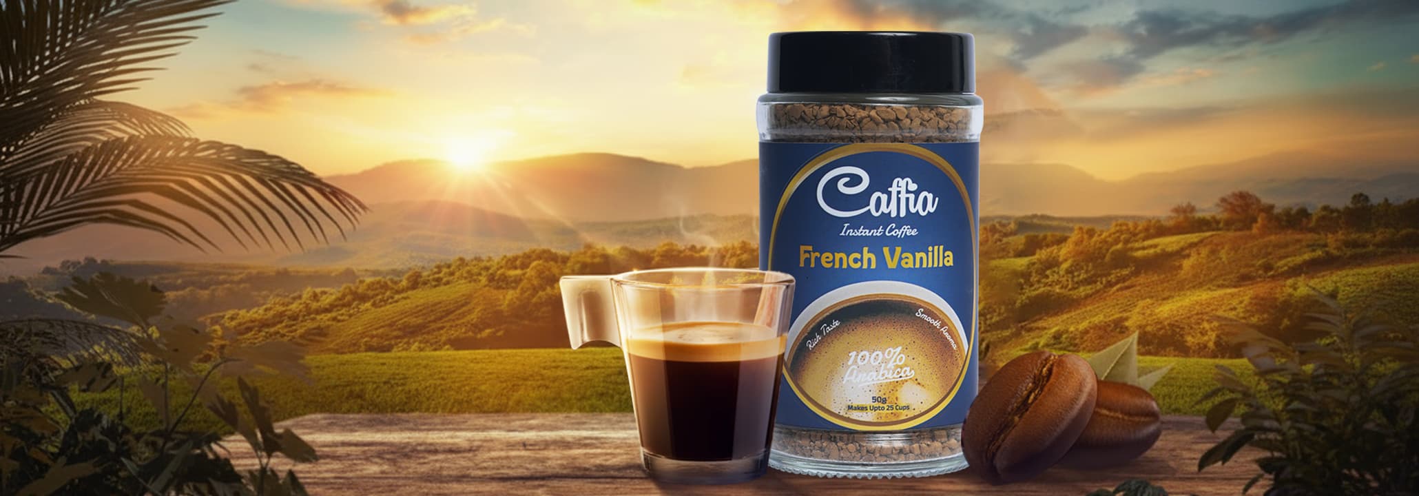Caffia French Vanilla instant coffee jar with a fresh espresso at sunrise